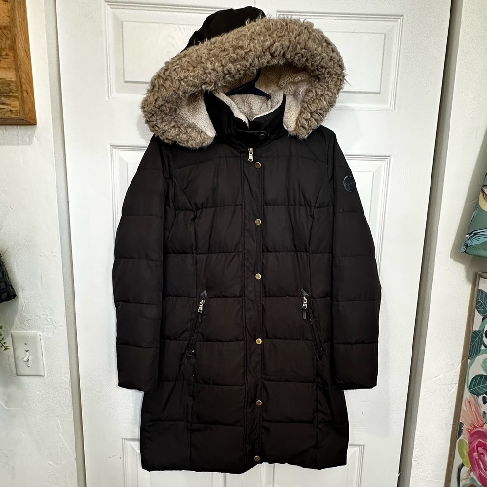 Lauren Ralph Lauren Down Hooded Puffer Coat Faux-Fur Trim Black Women's Small